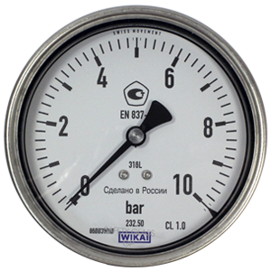 232.50.100-(0-10)кг/см2-сзади-G1/2B-кл.т.1,0 манометр из нержавеющей стали, Изображение №1